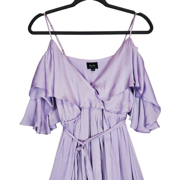 Bardot Satin Bea Wrap Ruffle Midi Dress US 6 Lilac Coquette Fairy Whimsy Event - Picture 12 of 16